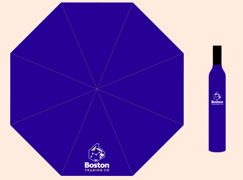 blue umbrella with bostoncoin logo; folds into a waterbottle size shape
