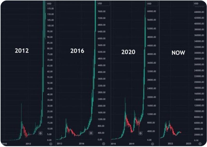 chart showing massive gains after each bitcoin halving in 2012, 2016, 2020 and forecast for 2024