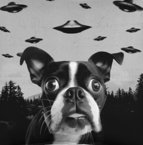 Boston terrier surrounded by UFOs