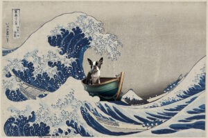 Boston terrier in boat superimposed on famous Japanese painting, The Big Wave